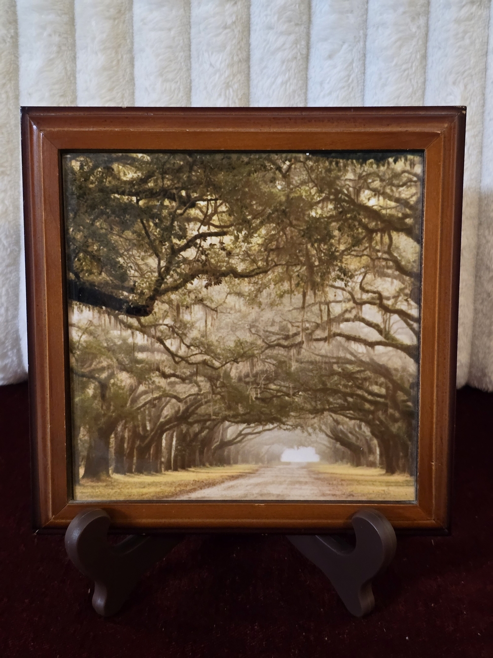 Vintage MCM Framed Ceramic Tile Trivet 7" Wood Wall Plaque Savannah Wormsloe Oak